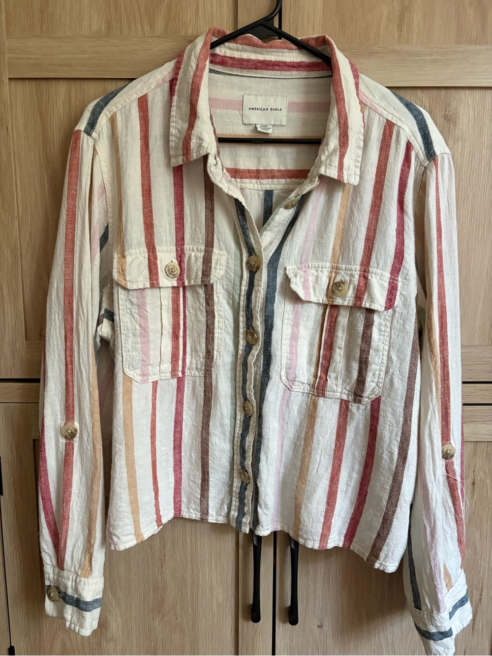 American Eagle Outfitters Striped Button-Front Shirt - Cream, Pink, Red, Blue
